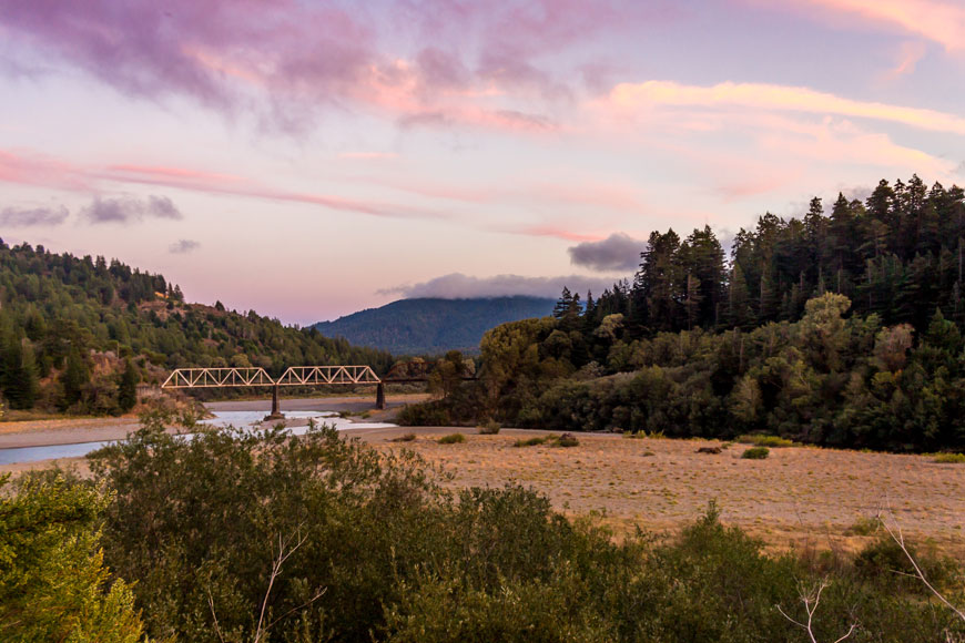 A fraction of the regular Eel River flow meanders through a dry riverbed in California