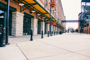 Model R-7539 bollards by Reliance Foundry are shown on a section of Eutaw Street that runs parallel to the outfield at Oriole Park.