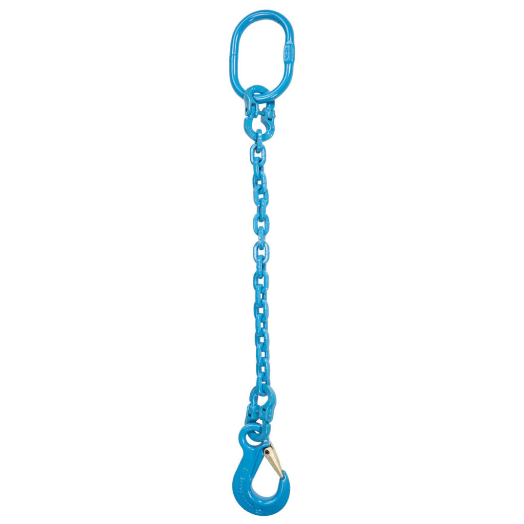 Blue Grade 120 standard chain sling with a sling hook and oblong link at opposing ends of the length of chain.