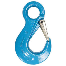 Blue Grade 120 sling hook with silver galvanized safety latch.