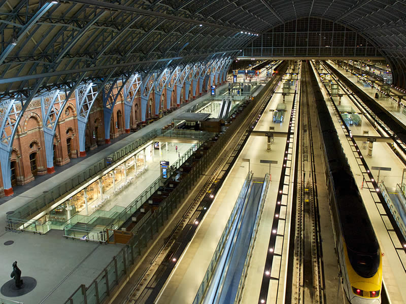 Me in my element in the great St Pancras International Station in London.