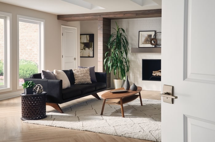 Mid-century modern living room with Schlage Custom door handle.